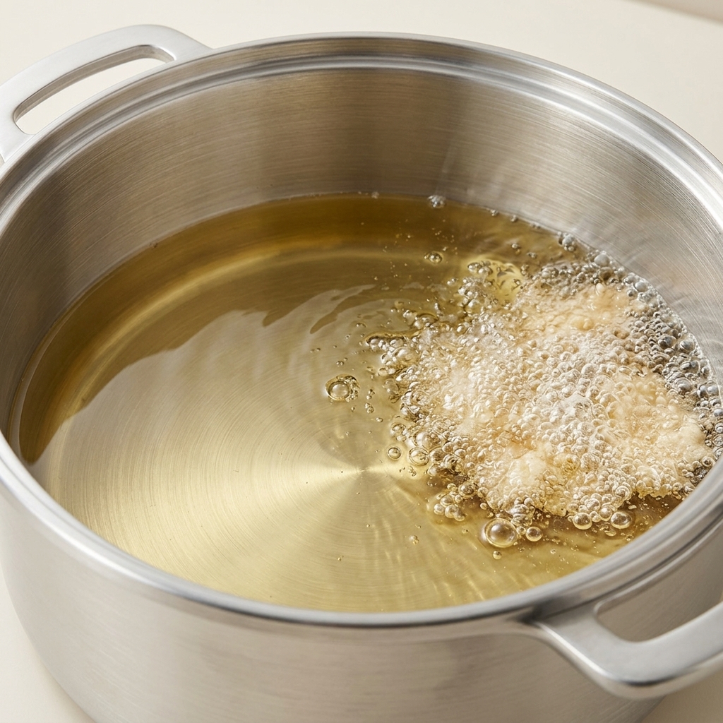 Trozos de pollo friéndose en una olla con aceite caliente, mostrando burbujas y dorado.