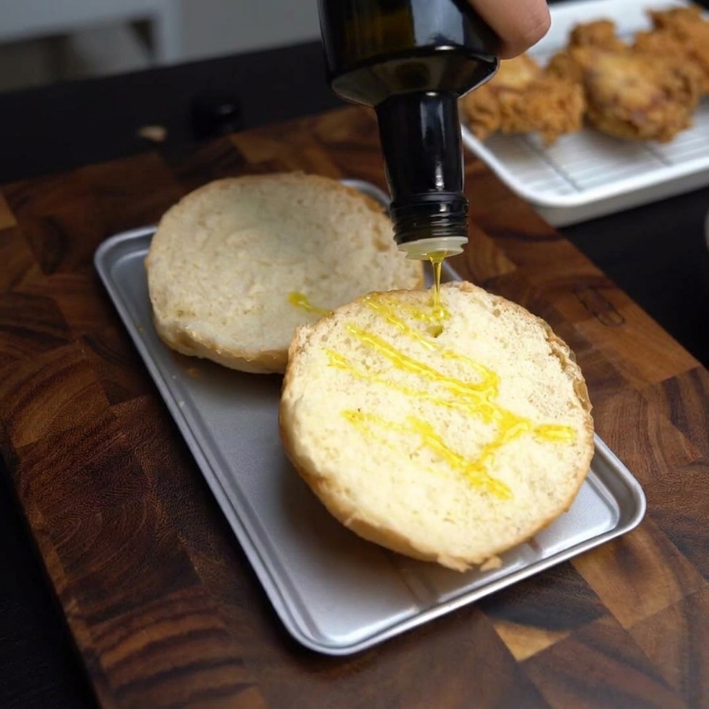 Mitades de pan de hamburguesa en una bandeja de metal siendo rociadas con aceite de oliva virgen extra.