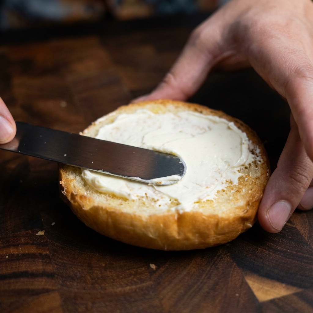Un cuchillo untando una capa gruesa de salsa cremosa de yema de huevo en la superficie tostada de un pan de hamburguesa.