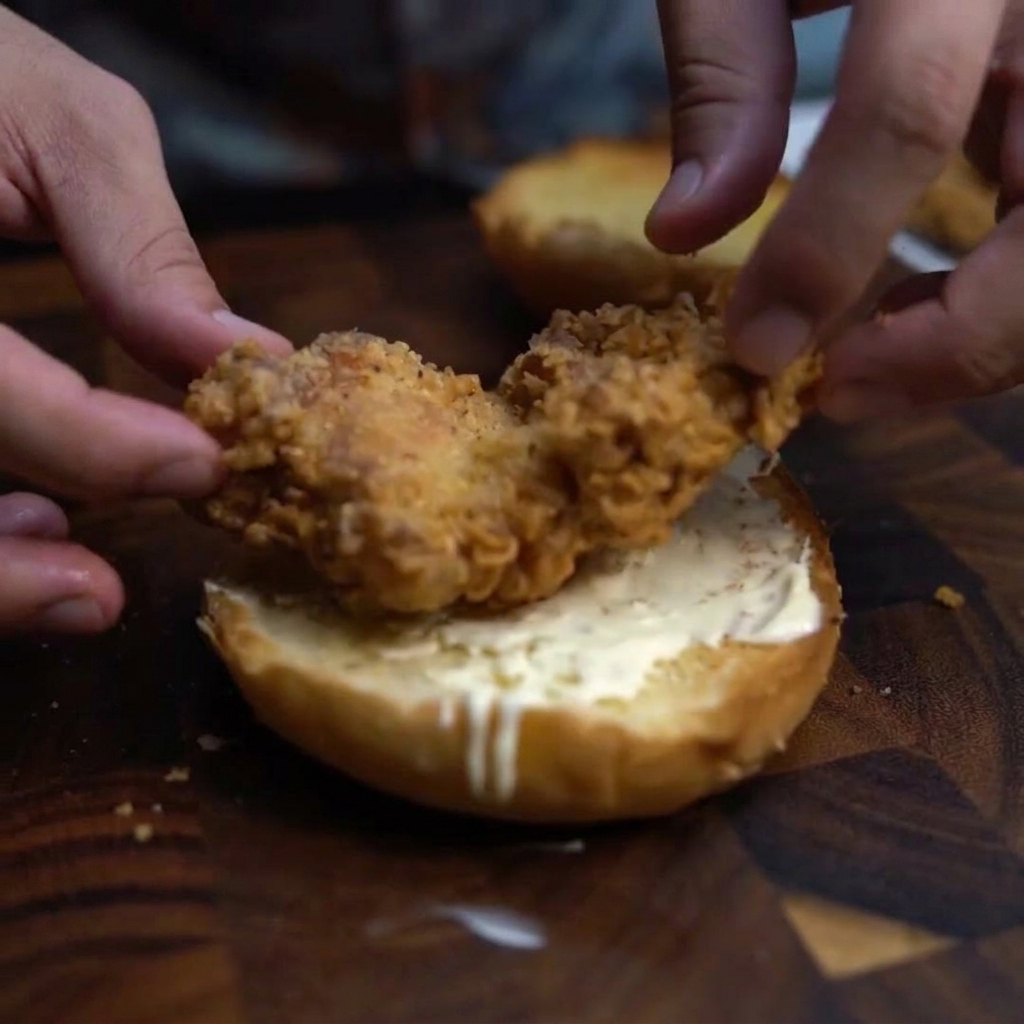 Pollo frito crujiente colocado sobre la base de un pan, con una loncha de queso amarillo encima.