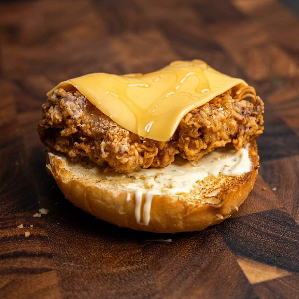 Primer plano de una loncha de queso fundiéndose sobre pollo frito crujiente bajo el calor de un soplete de cocina.