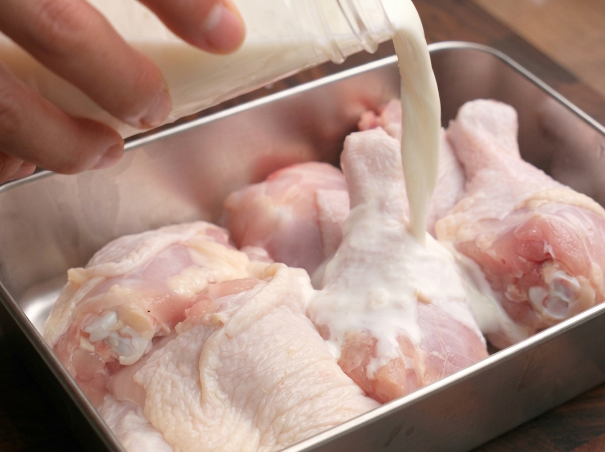 Vertiendo la mezcla espesa de leche sobre muslos de pollo crudos en una bandeja.