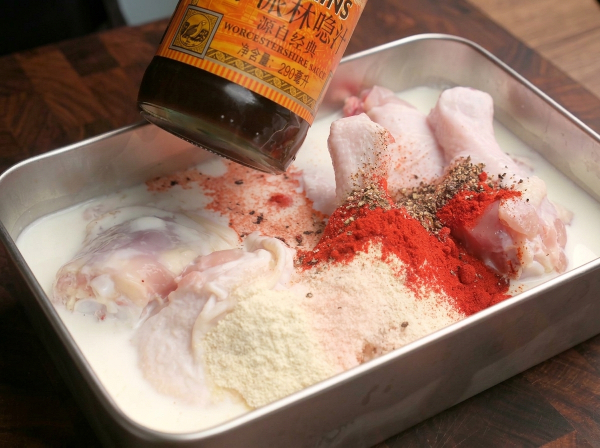 Agregando gotas de salsa Worcestershire sobre el pollo marinado con especias.