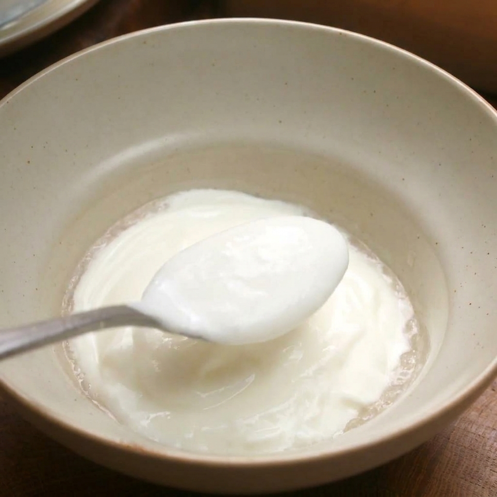 Una cuchara de plata sirviendo yogur blanco espeso en un bol de cerámica.