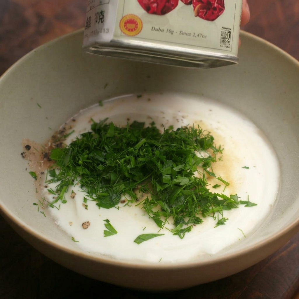 Espolvoreando pimentón sobre hierbas frescas y una base cremosa de yogur.
