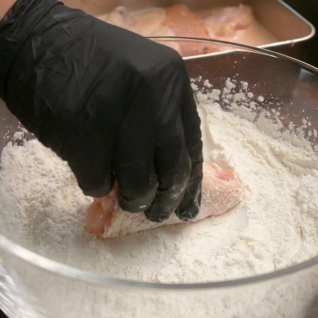 Una mano enguantada pasando una pieza de pollo crudo por la mezcla de harina.