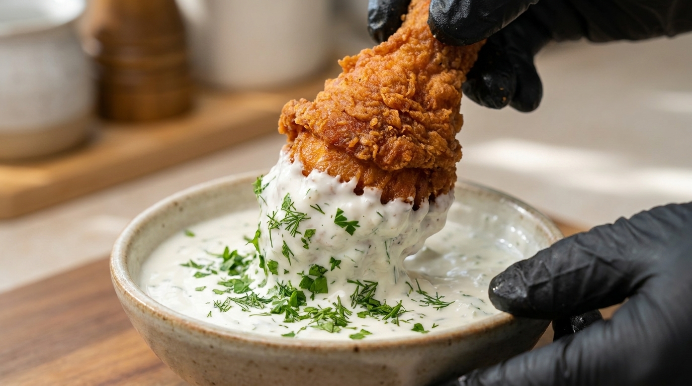 Pollo frito crujiente con salsa de yogur y cebolla