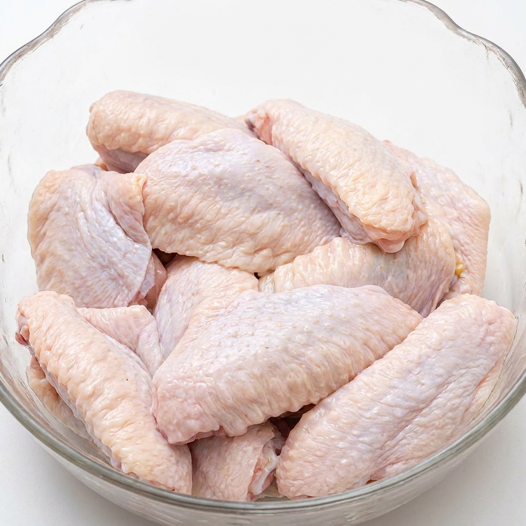 Primer plano de alitas de pollo sazonadas con láminas de jengibre en un bol de cristal.
