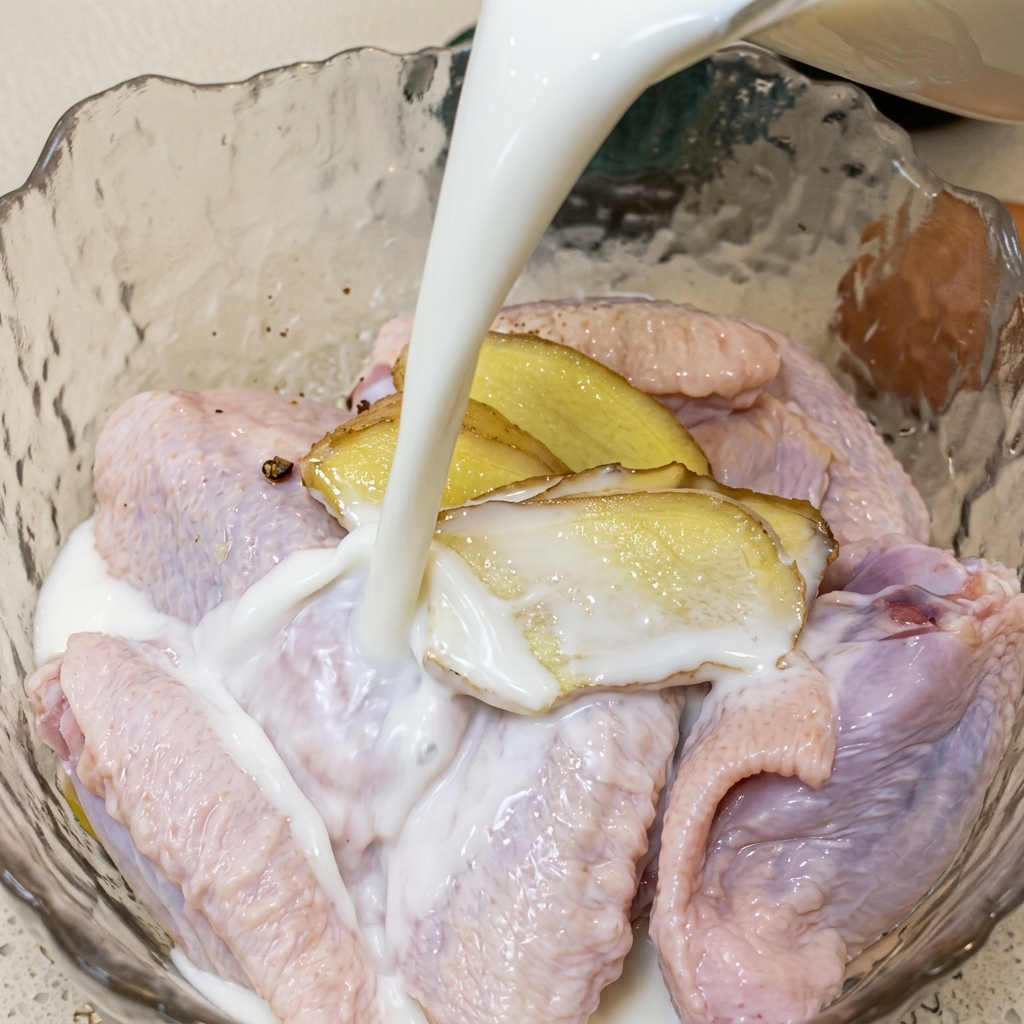 Leche siendo vertida desde una jarra a un bol con alitas de pollo sazonadas.