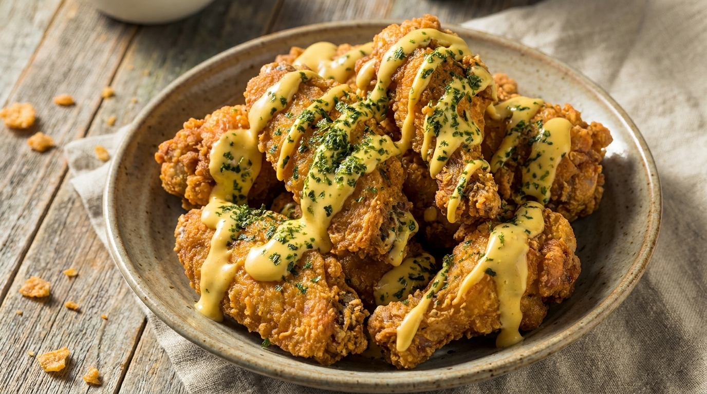 Pollo Frito con Salsa de Miel, Queso y Mostaza