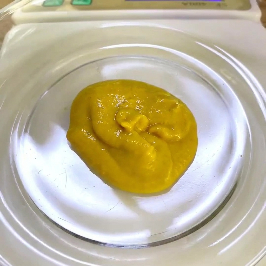 Una cucharada de yogur natural espeso siendo añadida a la salsa de mostaza en el cuenco.