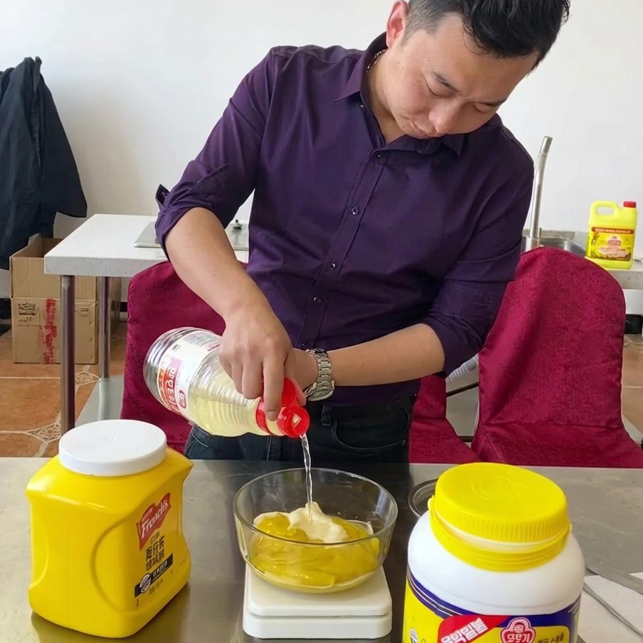 Primer plano de los ingredientes de la salsa de mostaza y miel siendo batidos juntos en un cuenco de cristal transparente sobre una báscula de cocina.