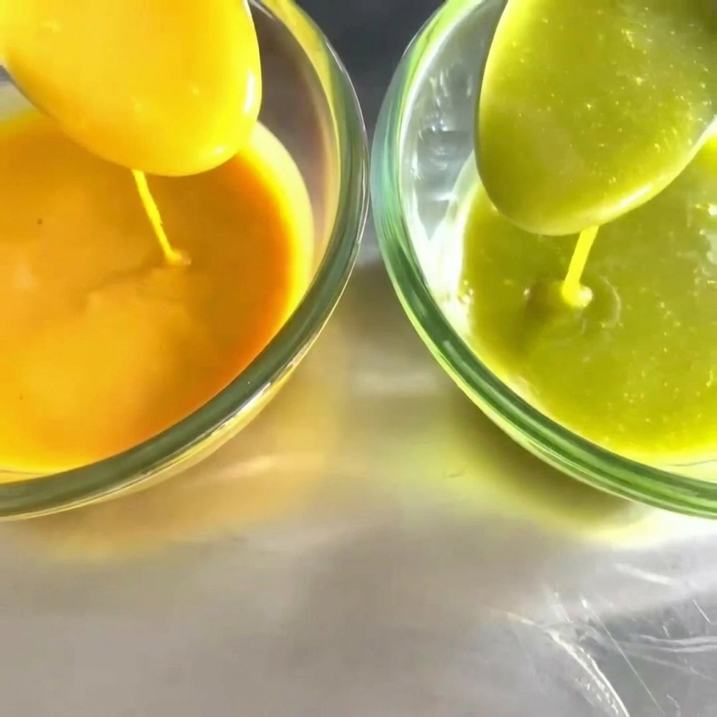 Primer plano de miel dorada siendo vertida en un pequeño bol de cristal.