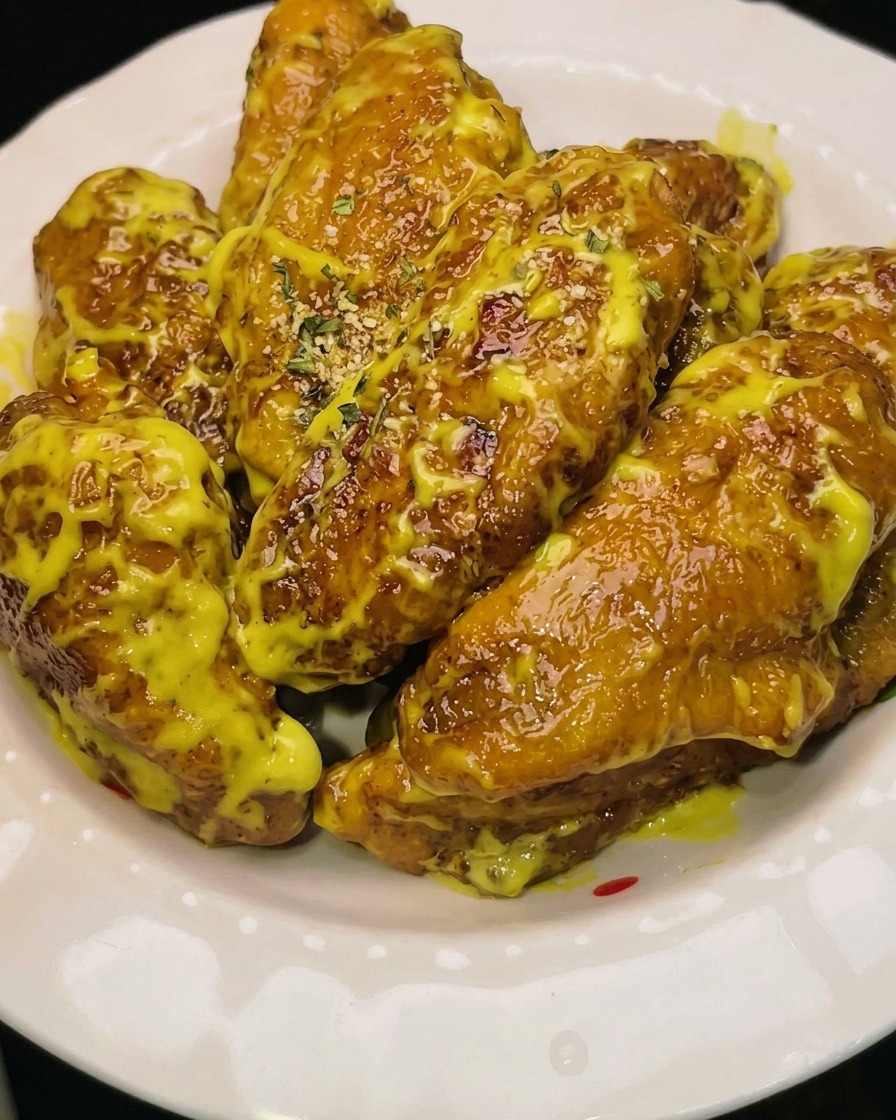 Añadiendo harina de tempura a alitas de pollo enjuagadas en un bol de acero inoxidable.