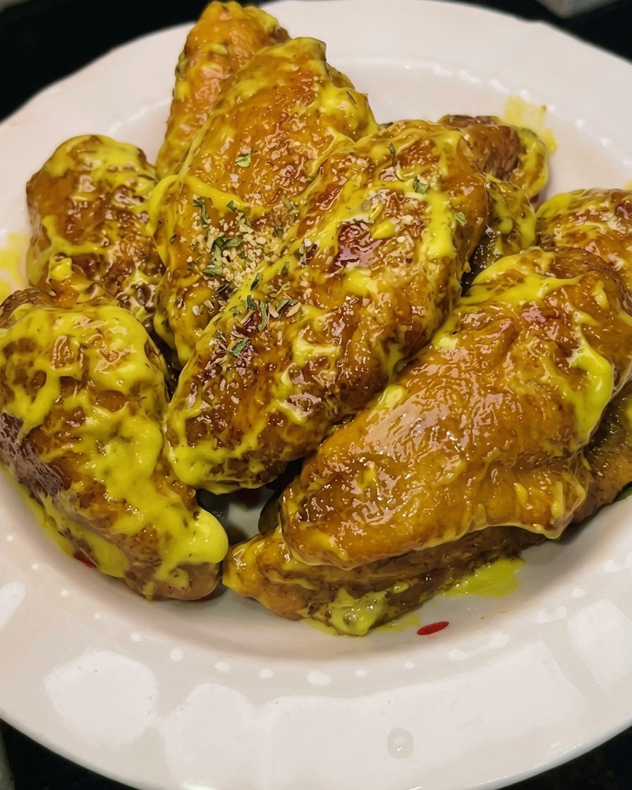Alitas de pollo completamente cubiertas con una masa espesa y suave.