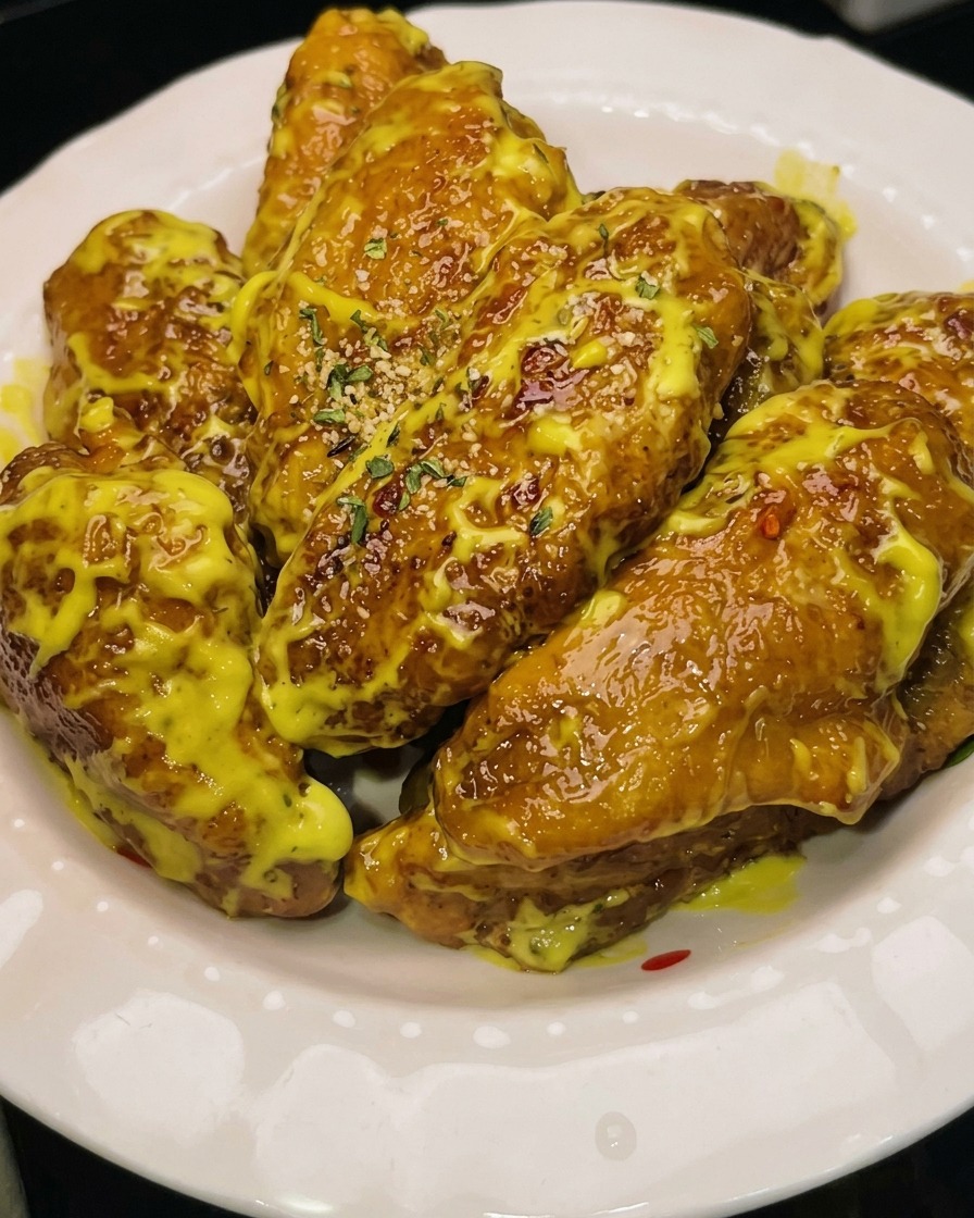 Alitas de pollo rebozadas friéndose en una sartén con aceite caliente burbujeante.