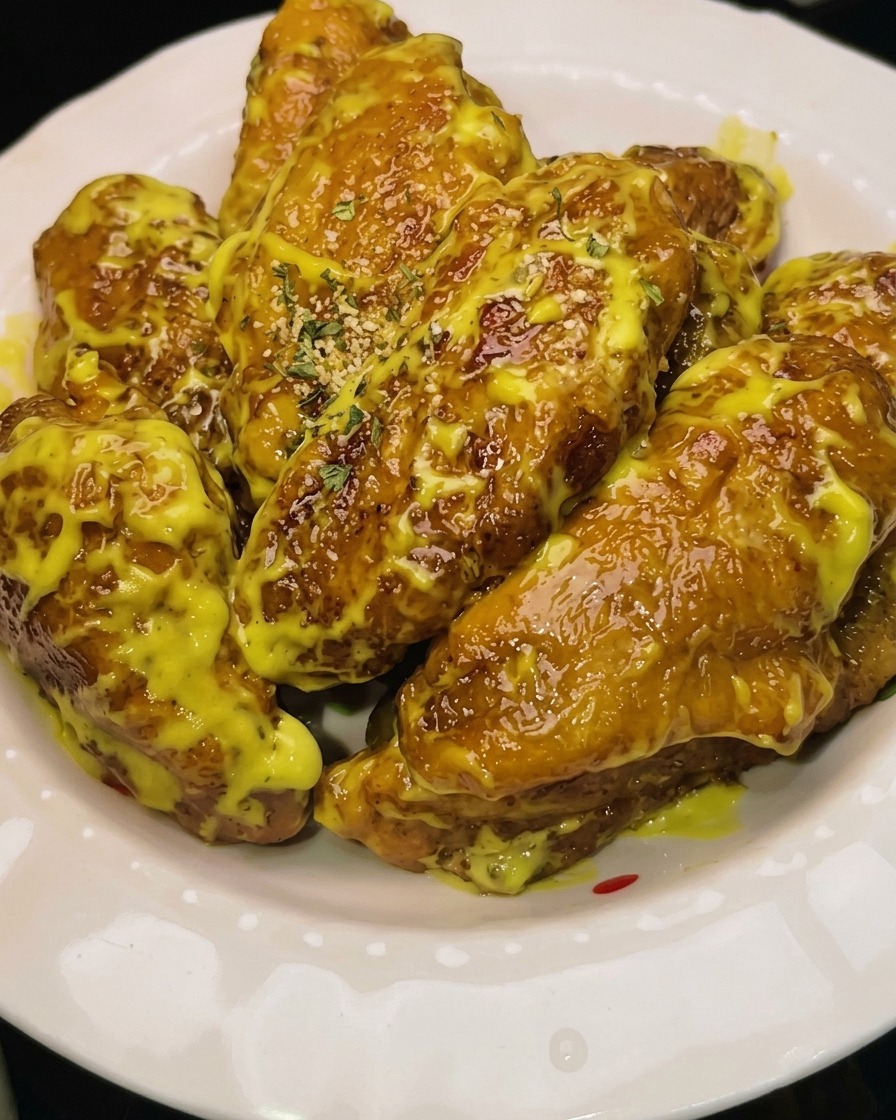 Alitas de pollo doradas siendo retiradas del aceite caliente con un colador.