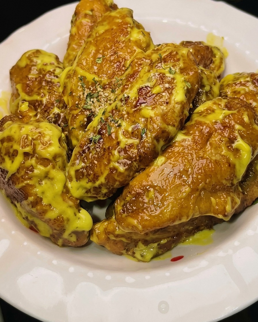 Miel, mostaza, mayonesa y una pizca de wasabi siendo batidos juntos en un bol.