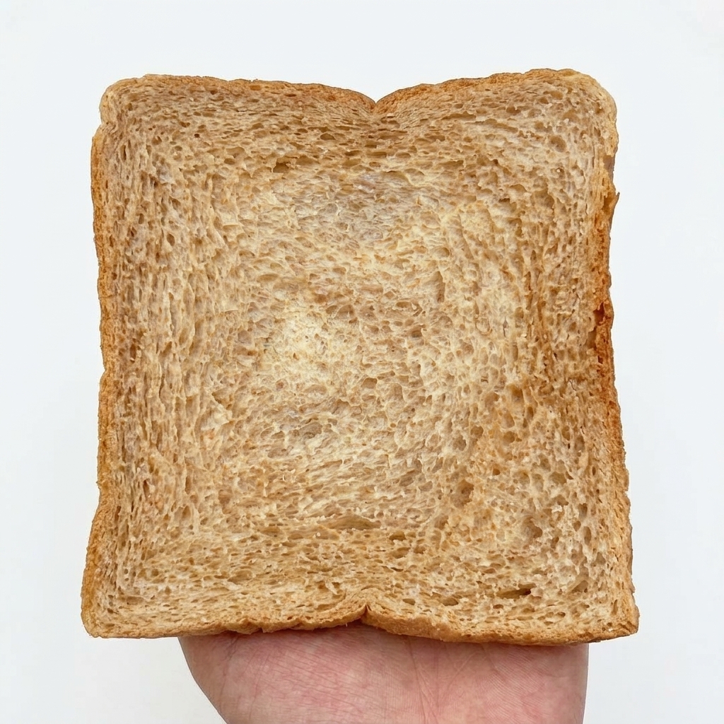 Una rebanada de pan tostado sobre una superficie blanca con salsa de carne picante siendo extendida con una cuchara de madera.