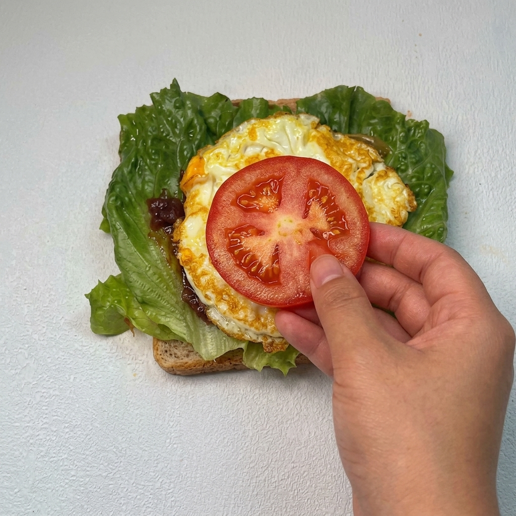 Una rebanada redonda y fresca de tomate rojo siendo colocada sobre un huevo frito dentro del sándwich.