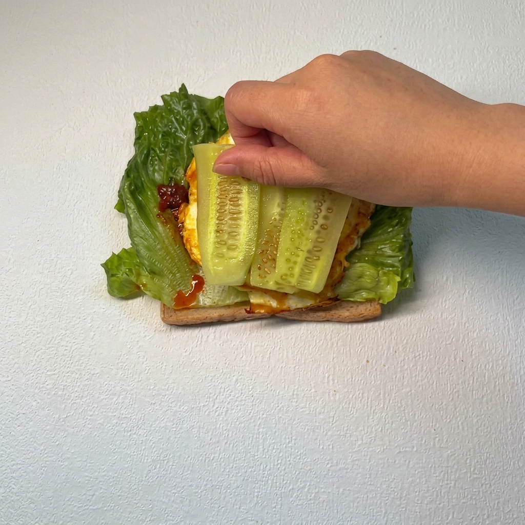 Tres rodajas de pepino verde fresco siendo organizadas cuidadosamente sobre una rebanada de tomate dentro del sándwich.