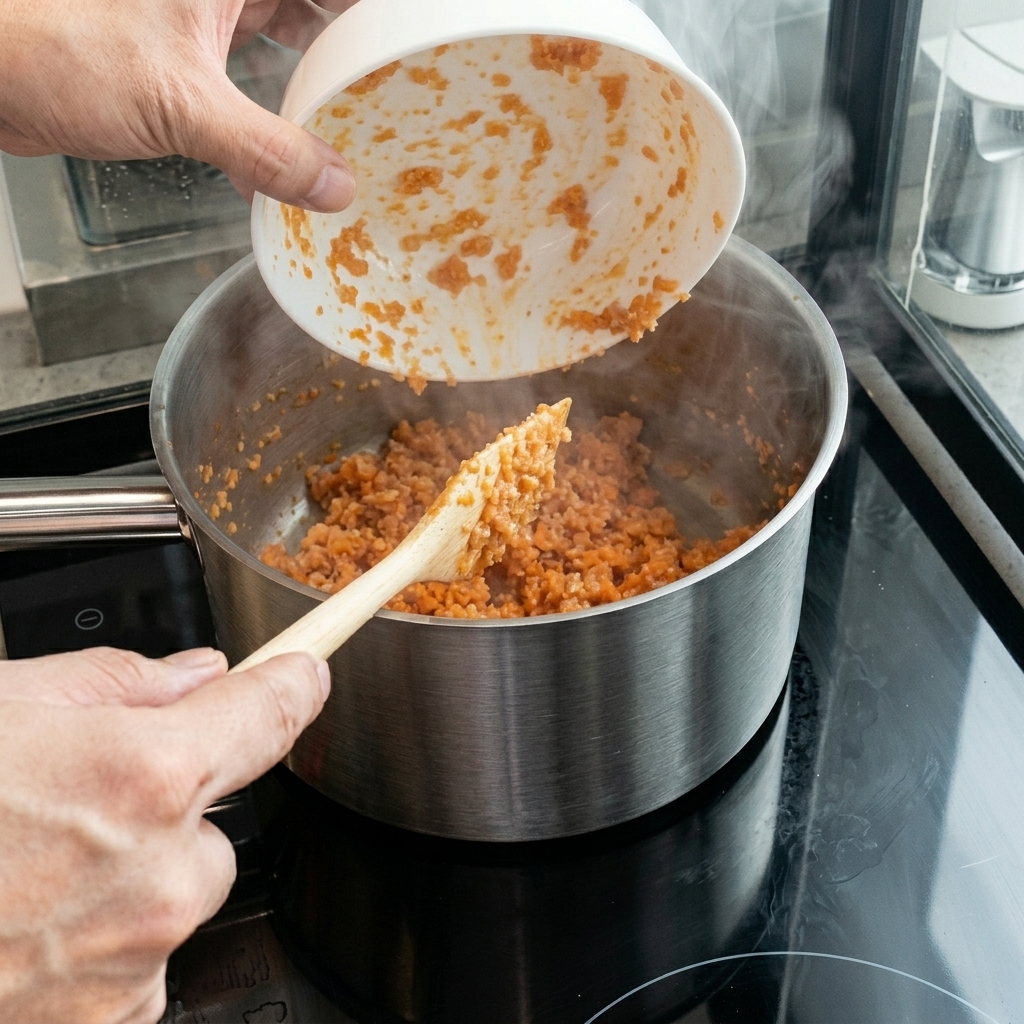 Zanahorias picadas siendo incorporadas a la olla con la cebolla cocinada usando una espátula.