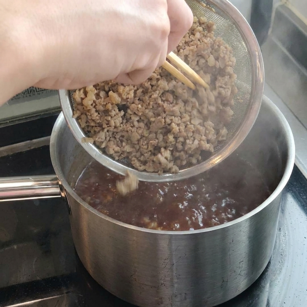 Carne de cerdo cocida siendo añadida a la salsa burbujeante en la olla.