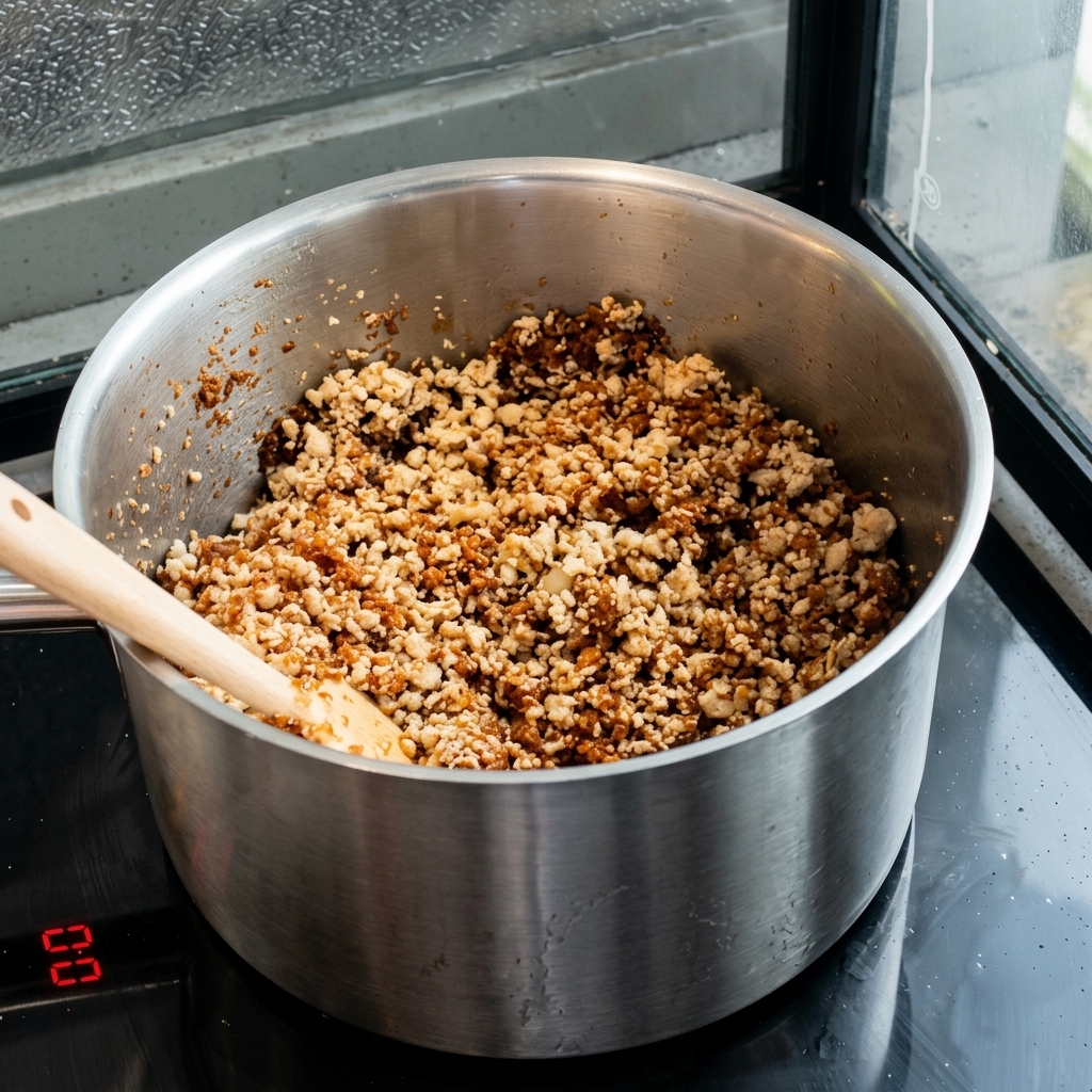 Olla con salsa de carne cocinándose a fuego lento hasta alcanzar una consistencia espesa.