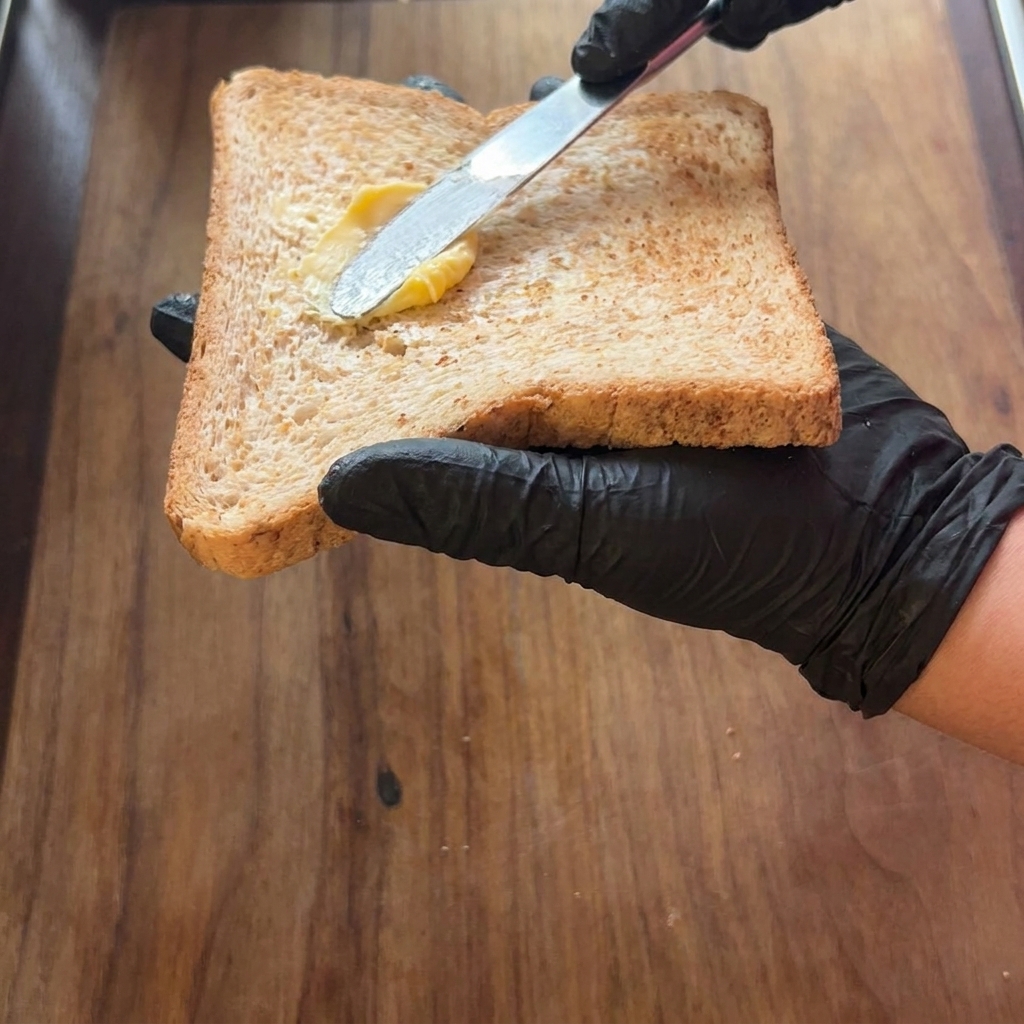Dos rebanadas de pan siendo untadas con mantequilla usando un cuchillo.