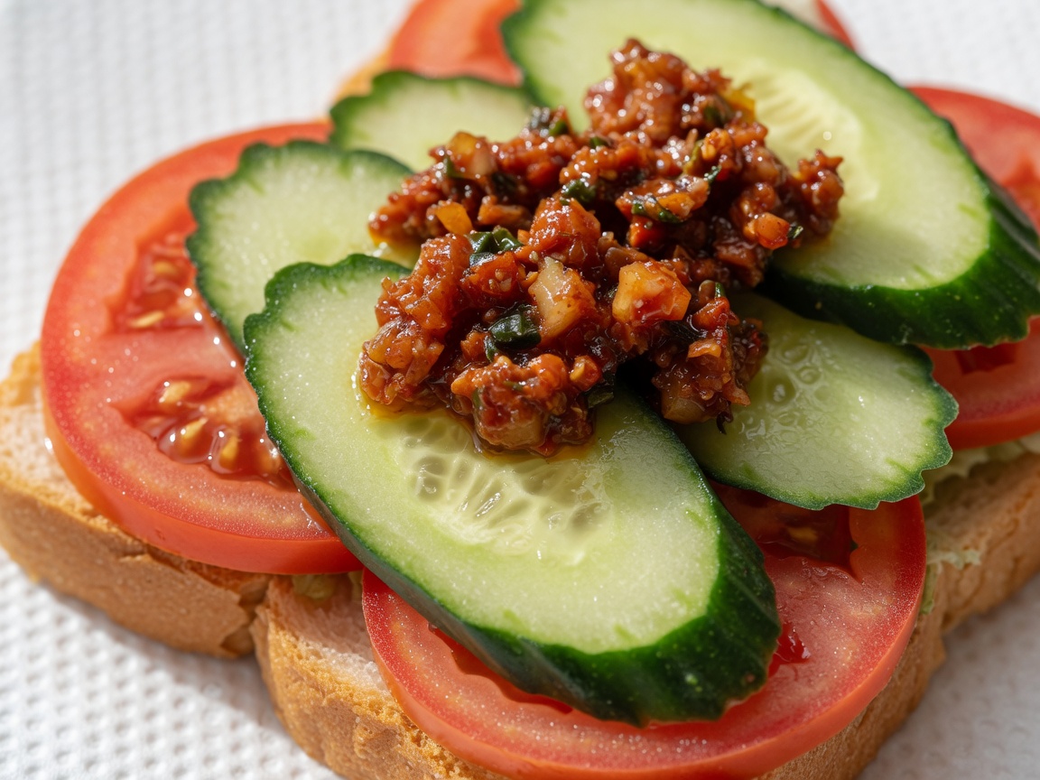 Una cucharada de rica salsa de carne molida siendo extendida sobre las verduras en capas sobre el pan tostado.