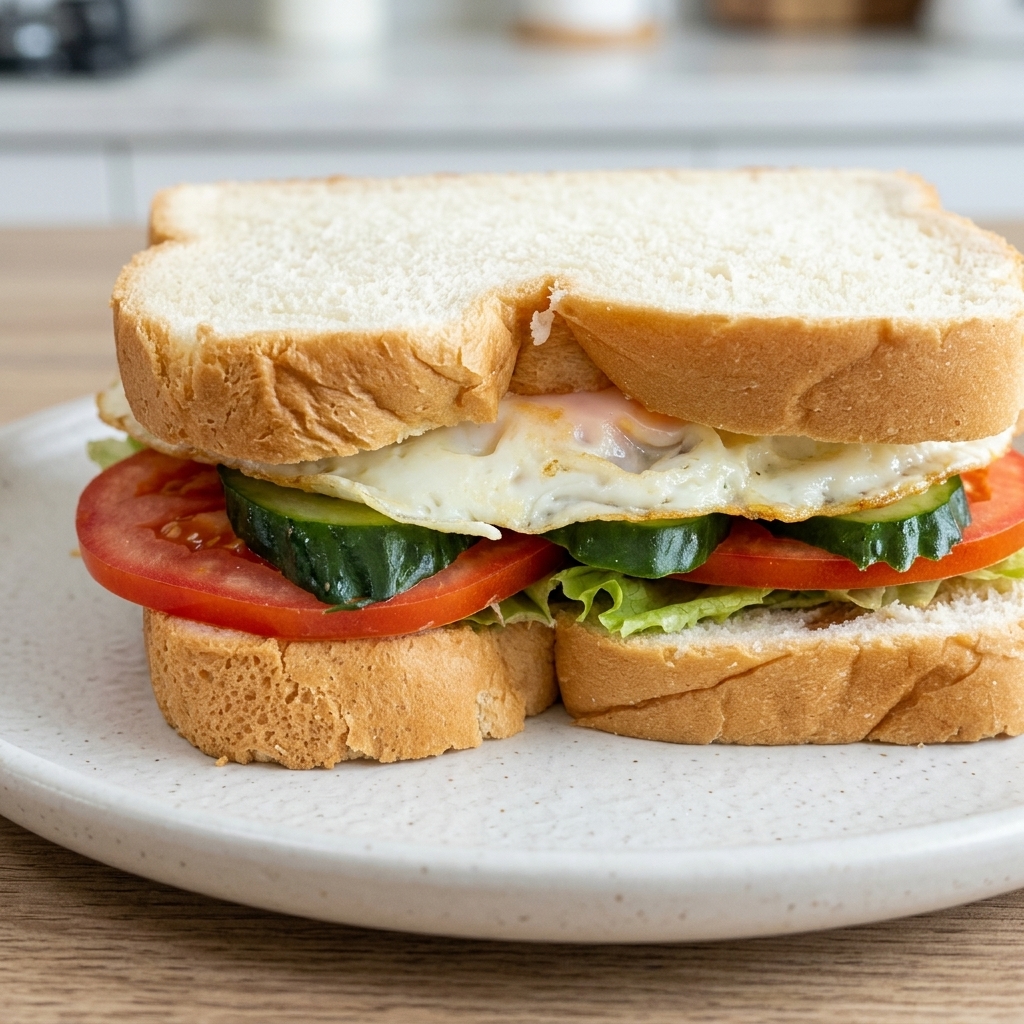 La rebanada superior de pan siendo colocada sobre el sándwich para completar el armado.