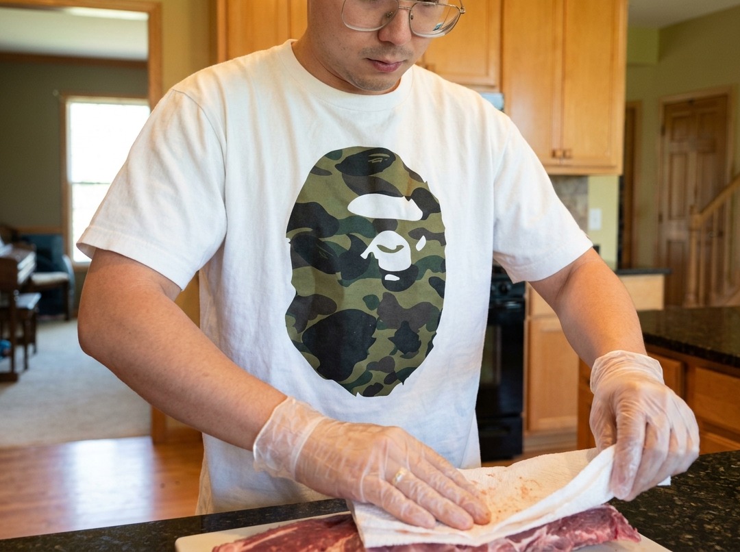 Un pincel aplicando una mezcla de salsa amarilla condimentada sobre la superficie de costillas de cerdo crudas.