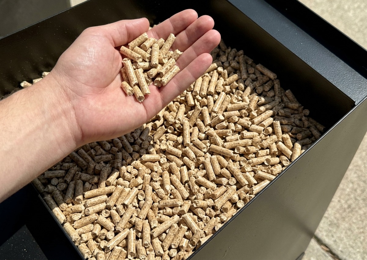 Una mano sosteniendo un puñado de pellets de madera sobre la tolva de una parrilla de pellets.