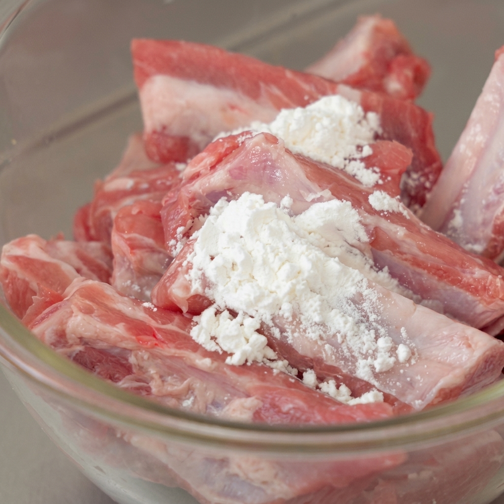 Costillas de cerdo siendo limpiadas con almidón de maíz y agua en un bol de cristal.
