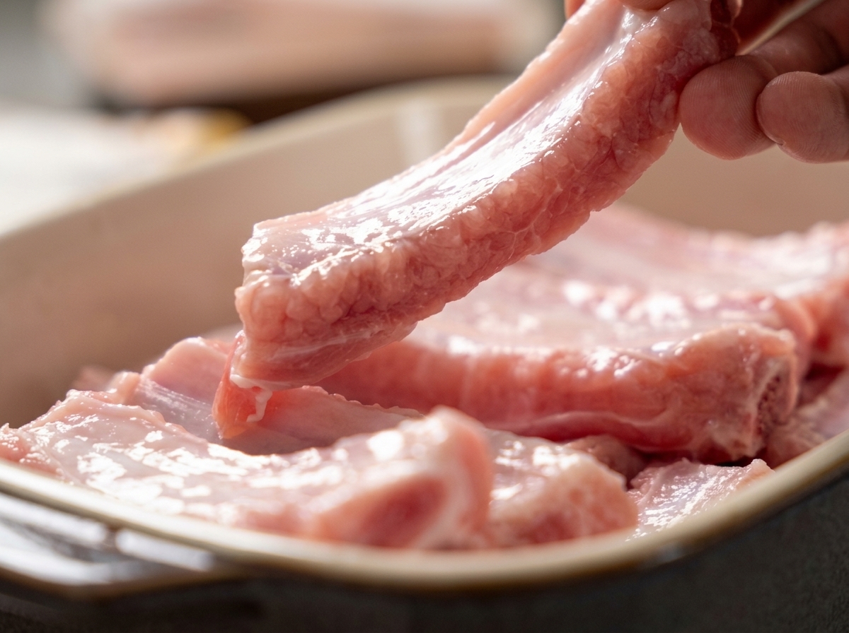 Costillas de cerdo crudas siendo secadas con papel de cocina.