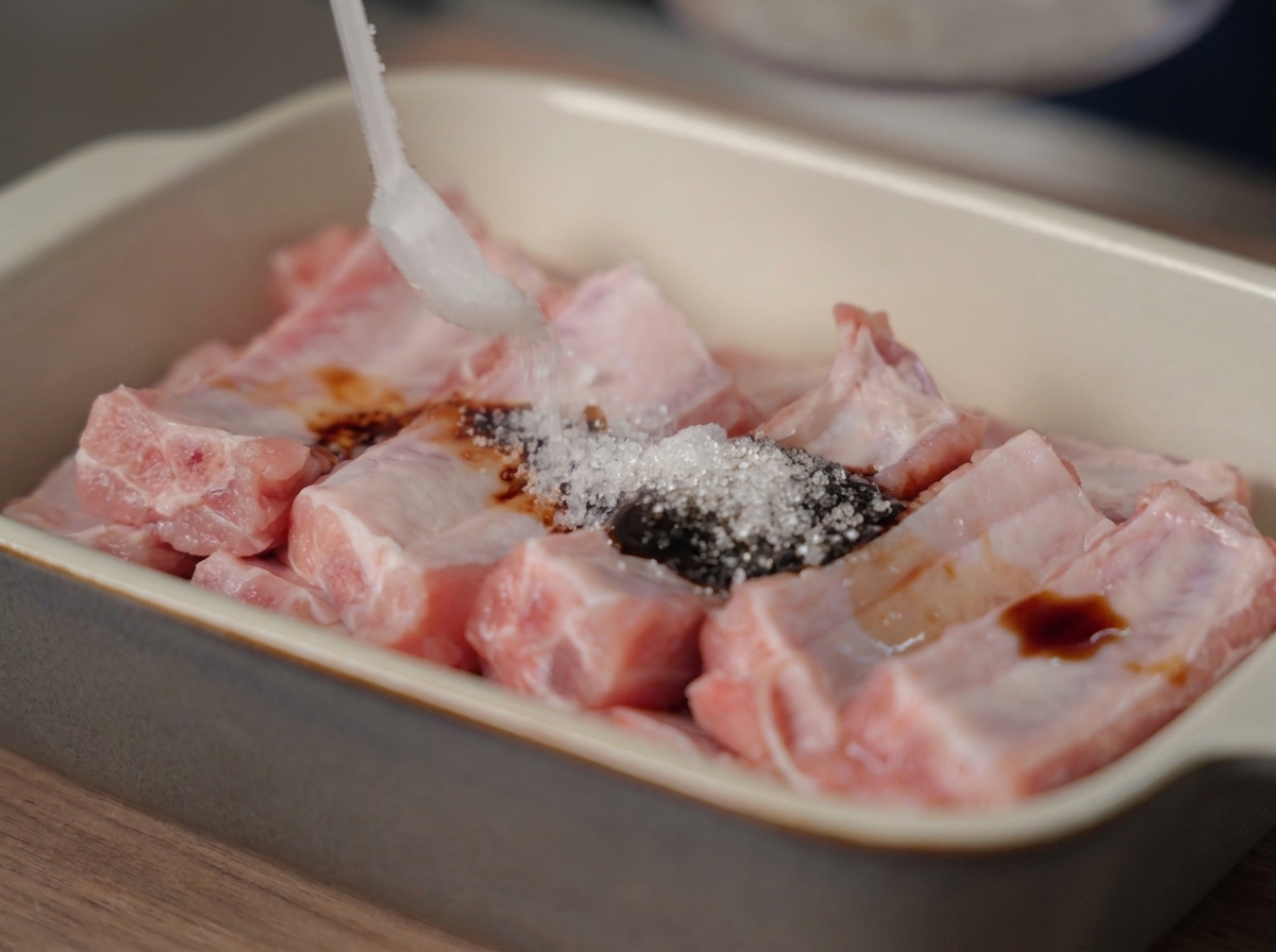 Costillas crudas en una bandeja siendo sazonadas con varias salsas y aromáticos.