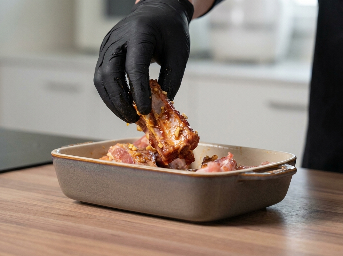 Costillas crudas sazonadas siendo mezcladas a mano para cubrir uniformemente.