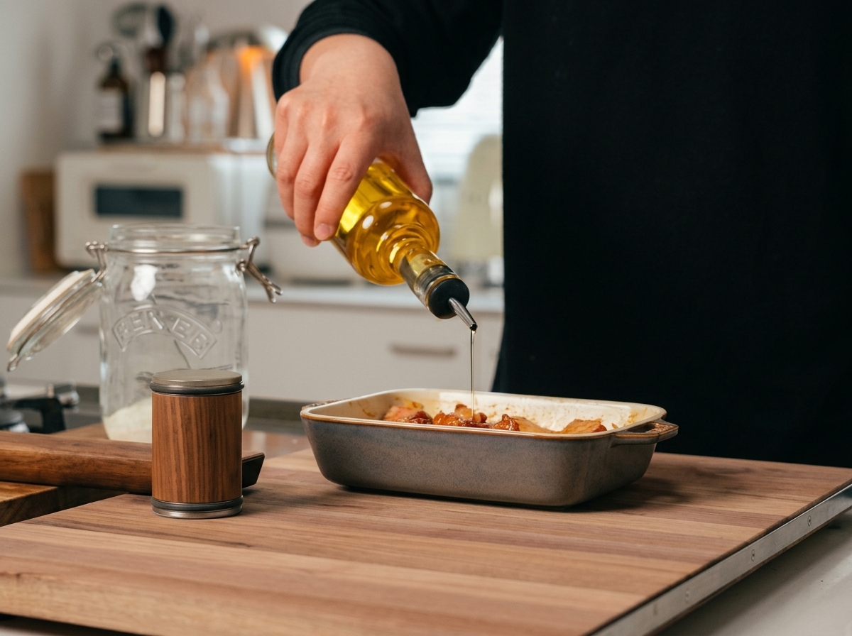 Aceite de cocina siendo vertido sobre las costillas de cerdo sazonadas.