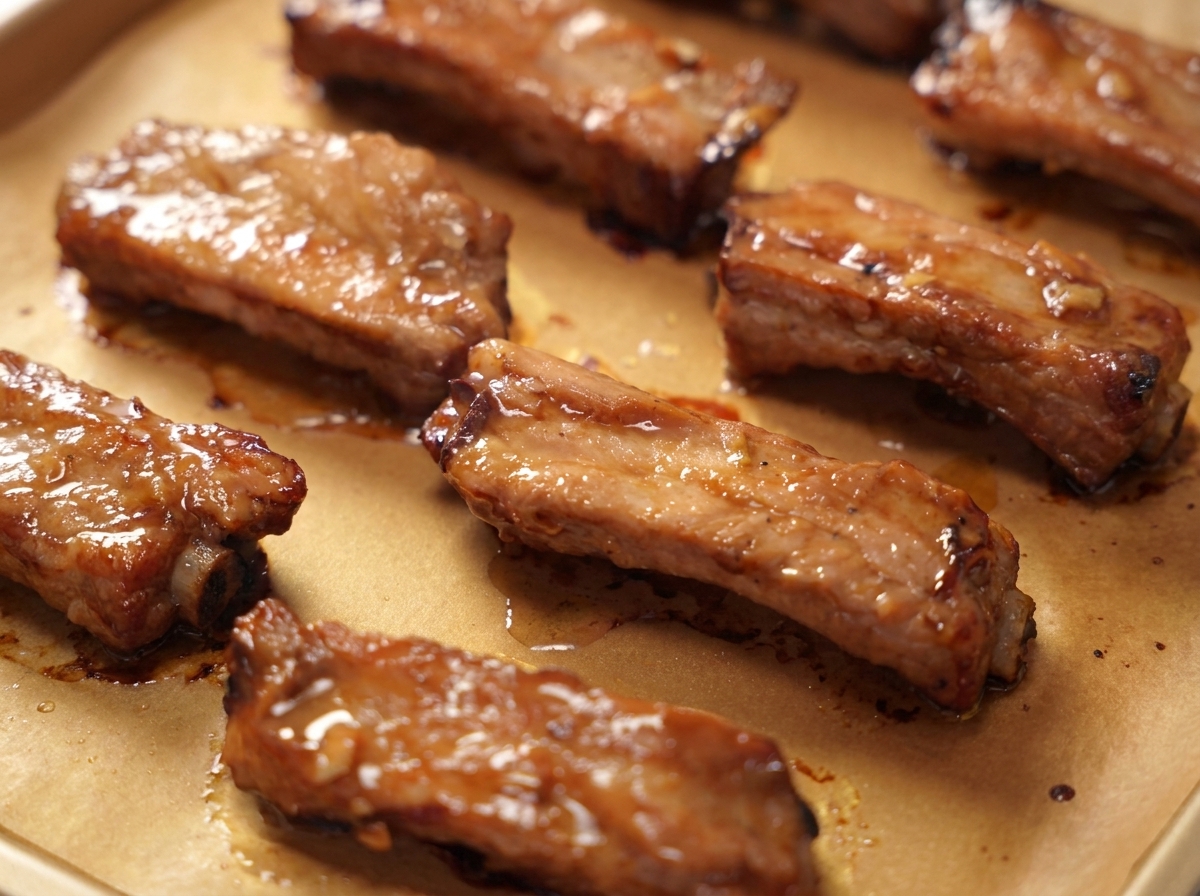 Aceite de cocina siendo rociado sobre las costillas asadas en una bandeja.