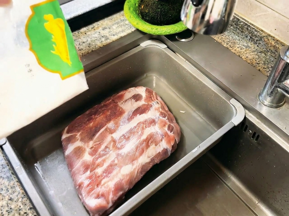Harina blanca siendo esparcida sobre un costillar de cerdo crudo en un fregadero de acero inoxidable.