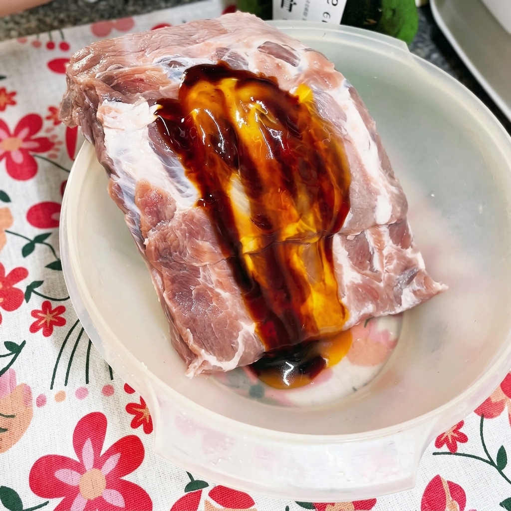 Polvo de cebolla, jengibre y ajo siendo espolvoreados sobre las costillas de cerdo sazonadas.