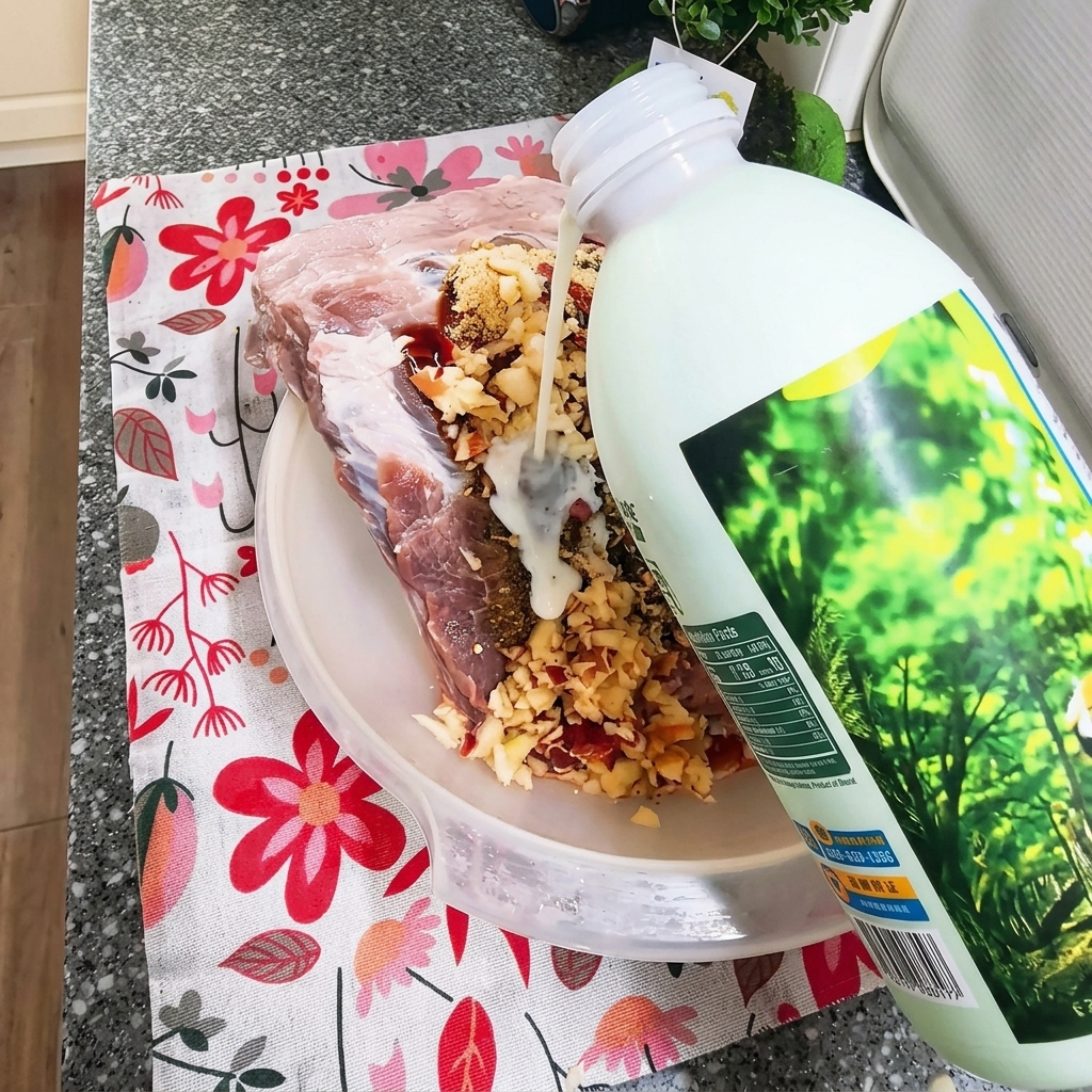 Leche siendo vertida desde una botella en un bol que contiene costillas de cerdo crudas sazonadas.