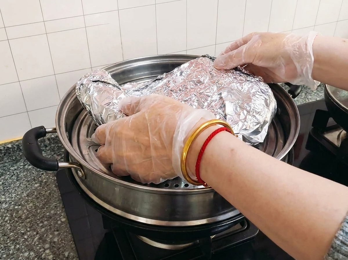 Costillas envueltas en papel aluminio siendo colocadas sobre una vaporera dentro de una olla grande.