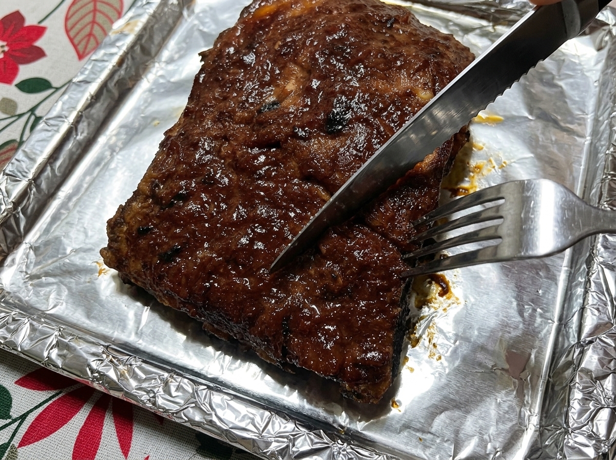 Un cuchillo y un tenedor cortando un trozo de costilla de cerdo asada dorada en una bandeja de horno forrada.