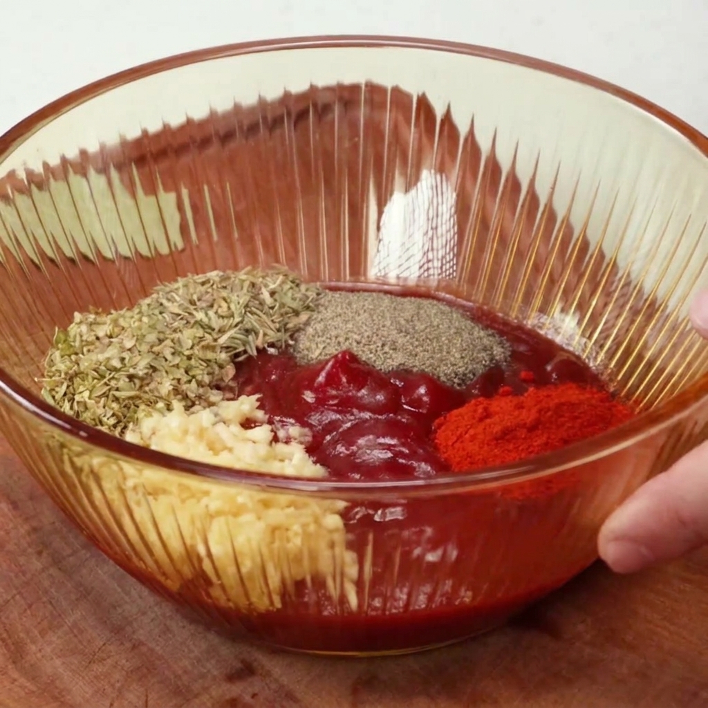 Un bol de cristal con una base roja de ketchup con ajo picado, orégano seco, pimienta negra y pimentón en polvo.