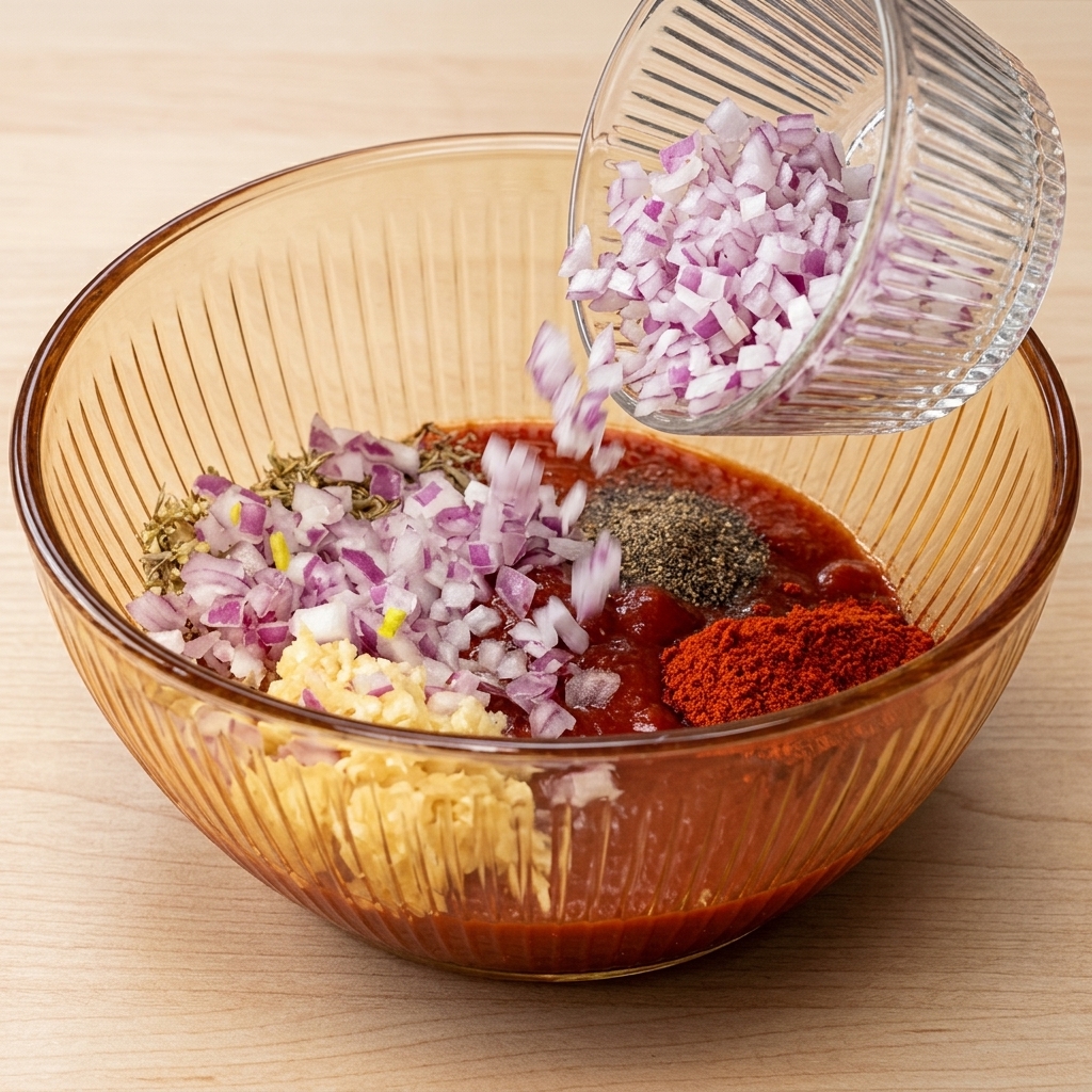 Cebolla morada picada siendo vertida desde un cuenco pequeño en un bol más grande con la base de marinado de especias y ketchup.