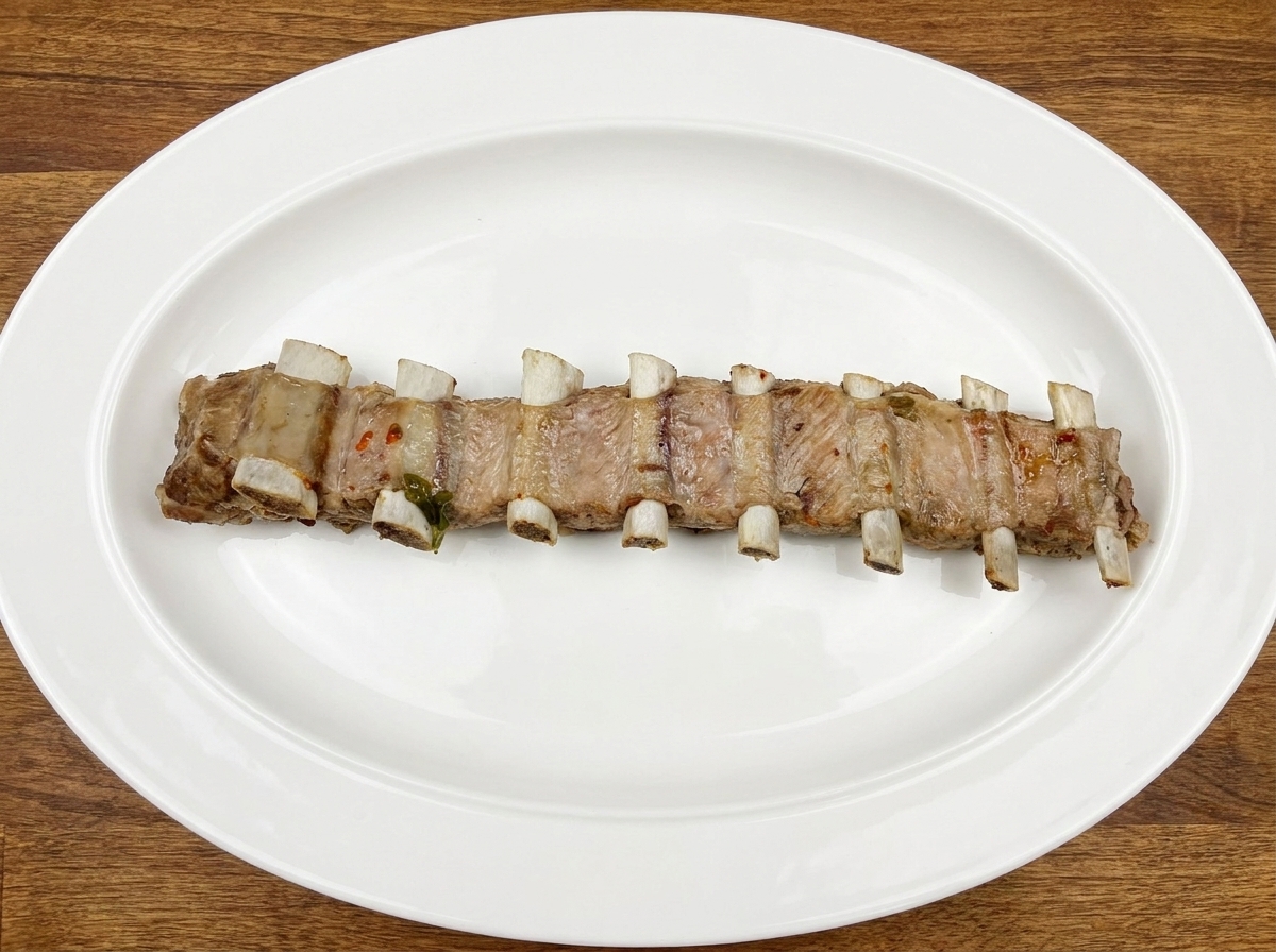 Una bandeja de horno con costillas de cerdo pegajosas y caramelizadas recién sacadas del horno.