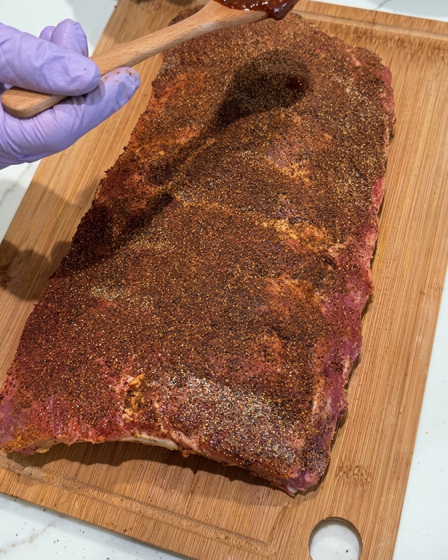 Una mano enguantada sosteniendo una cuchara de madera, extendiendo salsa BBQ oscura sobre un costillar de cerdo que ya está cubierto con una capa gruesa de adobo de especias secas.