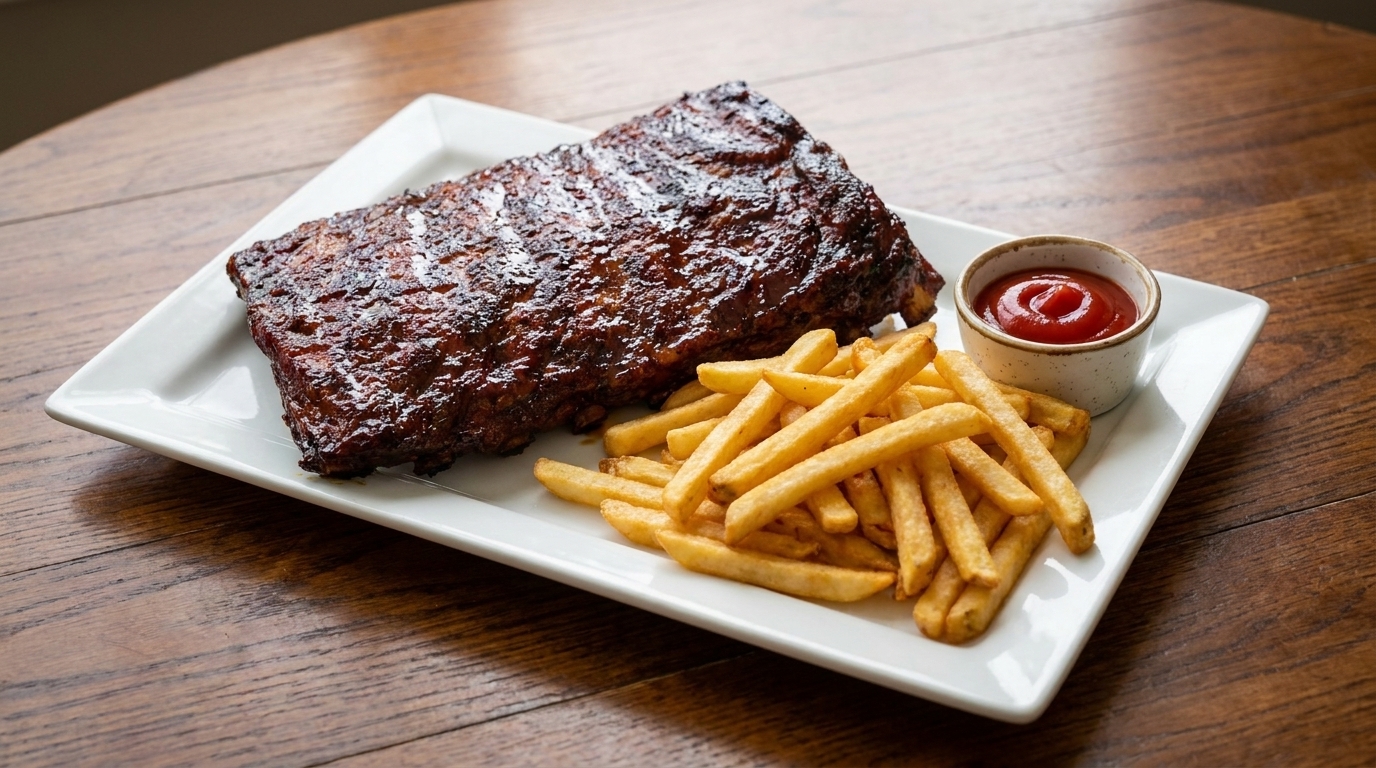 Un costillar de cerdo a la barbacoa perfectamente caramelizado con papas fritas y salsa para mojar.