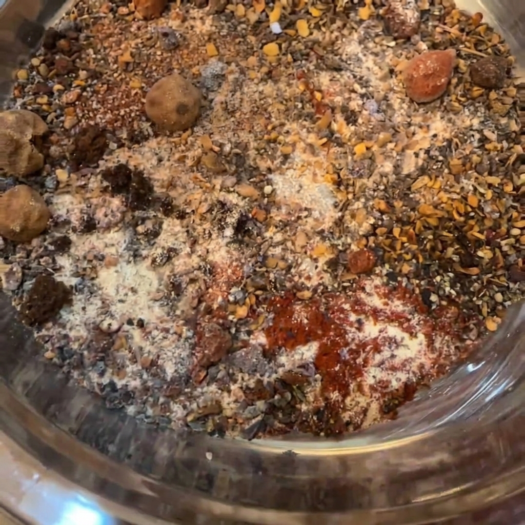 Un tenedor metálico en un tazón de acero inoxidable mezclando diversas especias molidas y azúcar moreno.